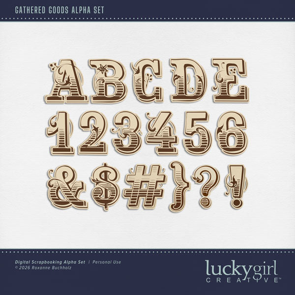 Bring timeless charm and a touch of vintage character to your creative digital scrapbooking projects with these timeless alphabet letters, numbers, and punctuation perfect for unique page titles by Lucky Girl Creative digital art. The alpha set consists of a full set of digital art uppercase alphabet letters A-Z, numbers 0-9, and most punctuation marks. This alpha set is available as individual embellishments only. This kit is NOT included in any bundle.