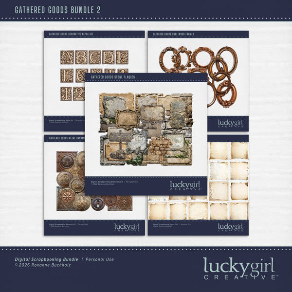 Bring timeless charm and a touch of vintage character to your creative digital scrapbooking projects. This beautifully curated digital scrapbooking art collection by Lucky Girl Creative digital art features a delightful mix of antique medallions, rustic stone plaques, decorative oval frames, decorative alpha set, and curled edge papers that celebrate the beauty of well-loved treasures. With its nostalgic details, weathered finishes, and warm, collected-over-time appeal, Gathered Goods