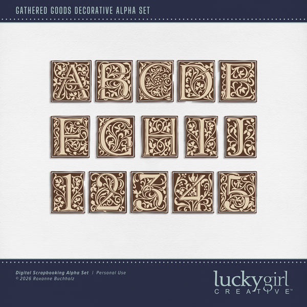 Bring timeless charm and a touch of vintage character to your creative digital scrapbooking projects with these timeless alphabet letters and numbers by Lucky Girl Creative digital art perfect for unique page titles. The alpha set consists of a full set of digital art uppercase alphabet letters A-Z, numbers 0-9, and most punctuation marks. This alpha set is available as individual embellishments only. This kit is included in the Gathered Goods Bundle 2.