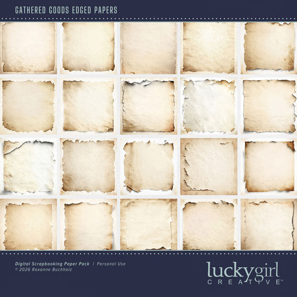 Bring timeless charm and a touch of vintage character to your creative digital scrapbooking projects with these timeless vintage papers with curled edges by Lucky Girl Creative digital art. This kit is included in the Gathered Goods Bundle 2.