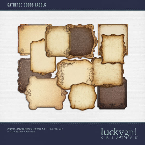 Bring timeless charm and a touch of vintage character to your creative digital scrapbooking projects with these timeless labels by Lucky Girl Creative digital art perfect for page titles and journaling boxes. This kit is included in the Gathered Goods Bundle 1.