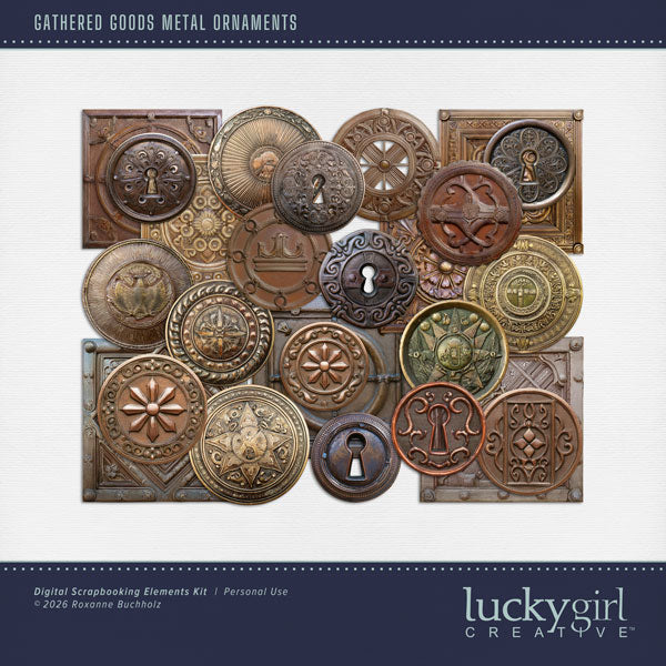 Bring timeless charm and a touch of vintage character to your creative digital scrapbooking projects with these timeless metal ornaments by Lucky Girl Creative digital art. This kit is included in the Gathered Goods Bundle 2.