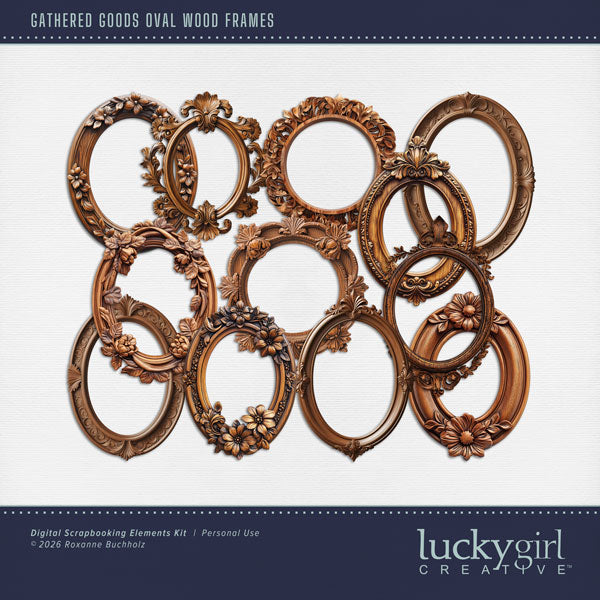 Bring timeless charm and a touch of vintage character to your creative digital scrapbooking projects with these timeless ornate wood frames by Lucky Girl Creative digital art perfect for accenting your heritage photos. This kit is included in the Gathered Goods Bundle 2.