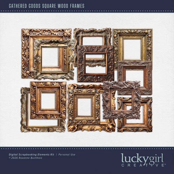 Bring timeless charm and a touch of vintage character to your creative digital scrapbooking projects with these timeless ornate wood frames by Lucky Girl Creative digital art perfect for accenting your heritage photos. This kit is included in the Gathered Goods Bundle 1.