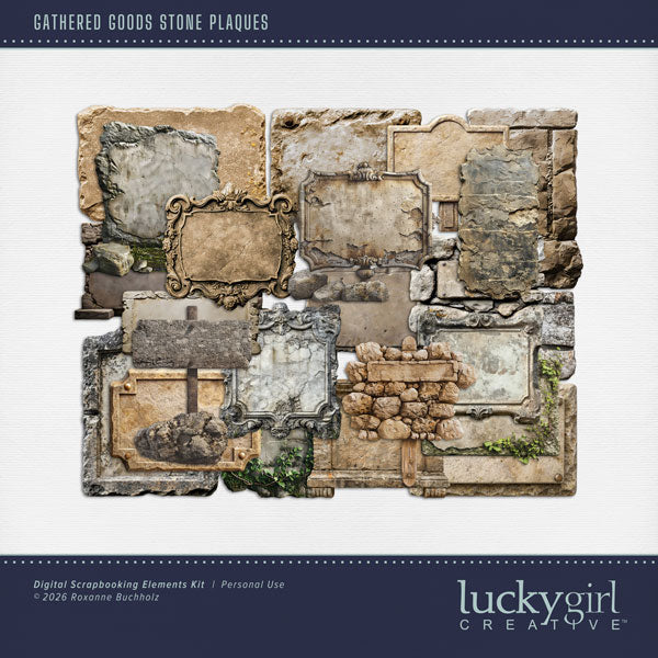 Bring timeless charm and a touch of vintage character to your creative digital scrapbooking projects with these timeless stone plaques and medallions by Lucky Girl Creative digital art. This kit is included in the Gathered Goods Bundle 2.