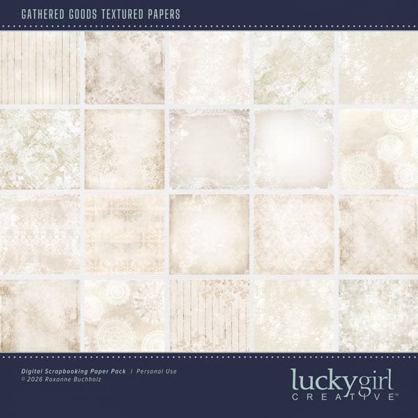 Bring timeless charm and a touch of vintage character to your creative digital scrapbooking projects with these timeless textured papers with subtle damask patterns by Lucky Girl Creative digital art. This kit is included in the Gathered Goods Bundle 1.