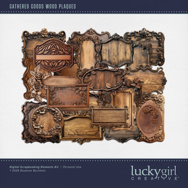 Bring timeless charm and a touch of vintage character to your creative digital scrapbooking projects with these timeless wood plaques and medallions by Lucky Girl Creative digital art perfect for page titles and journaling boxes. This kit is included in the Gathered Goods Bundle 1.