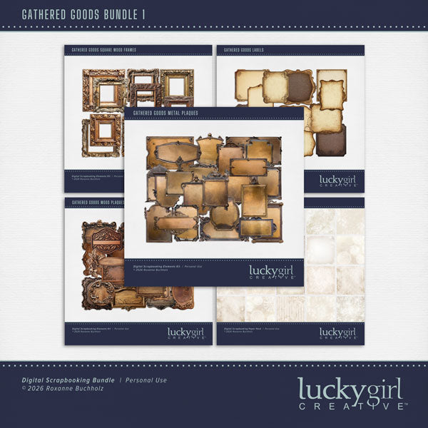 Bring timeless charm and a touch of vintage character to your creative digital scrapbooking projects. This beautifully curated digital scrapbooking art collection by Lucky Girl Creative digital art features a delightful mix of antique labels, rustic metal and wood plaques, decorative frames, richly textured papers, and coordinating elements that celebrate the beauty of well-loved treasures. With its nostalgic details, weathered finishes, and warm, collected-over-time appeal, Gathered Goods