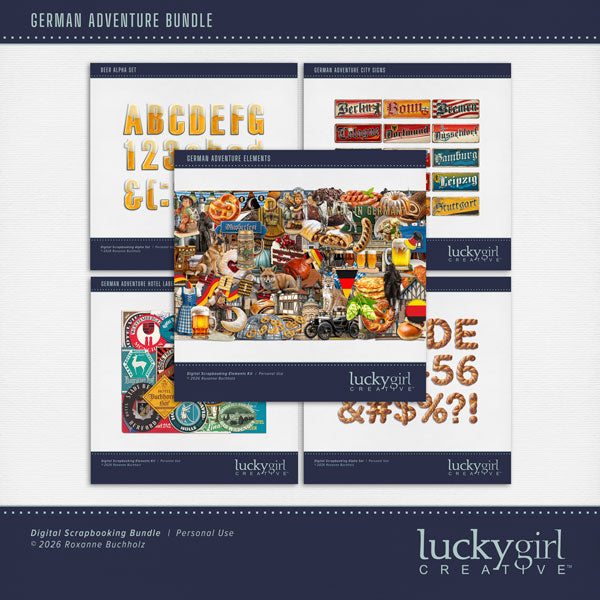 Adventure and explore through Germany with these realistic German embellishments, labels, metal signs, and alpha sets by Lucky Girl Creative digital art for digital scrapbooking. Great for vacations and holidays to Germany, German family heritage, and Oktoberfest! Elements can also be used for Europe, Austria, Switzerland, Netherlands, Denmark, and Belgium.
