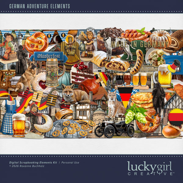Adventure and explore through Germany with these realistic German embellishments by Lucky Girl Creative digital art for digital scrapbooking. Great for vacations and holidays to Germany, German family heritage, and Oktoberfest! Elements can also be used for Europe, Austria, Switzerland, Netherlands, Denmark, and Belgium. This kit is included in the German Adventure Bundle.