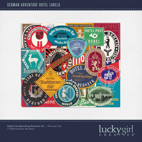 Adventure and explore through Germany with these realistic German hotel labels and travel stickers by Lucky Girl Creative digital art for digital scrapbooking. This kit is included in the German Adventure Bundle.