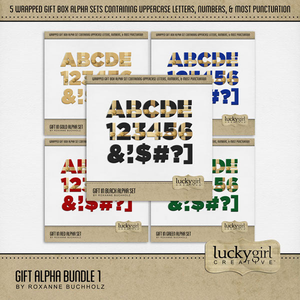 Design unique digital scrapbooking page titles with these fun gift wrapped alpha sets by Lucky Girl Creative digital art. Perfect for Christmas, birthday, anniversary, parties, celebration, presents, gifts, wrapping, gift wrap, and more! This bundle consists of 5 full sets of uppercase letters A-Z, numbers 0-9, and most punctuation marks. These digital scrapbooking alpha set are available as individual embellishments only.