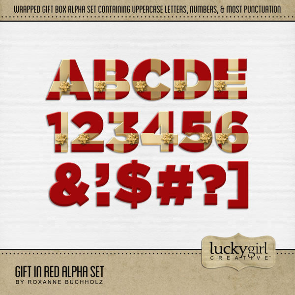 Design unique digital scrapbooking page titles with this fun gift wrapped alpha set by Lucky Girl Creative digital art. Perfect for Christmas, birthday, anniversary, parties, celebration, presents, gifts, wrapping, gift wrap, and more! This alpha set consists of a full set of uppercase letters A-Z, numbers 0-9, and most punctuation marks. This digital scrapbooking alpha set is available as individual embellishments only. This alpha set is included in the Gift Alpha Bundle 1.