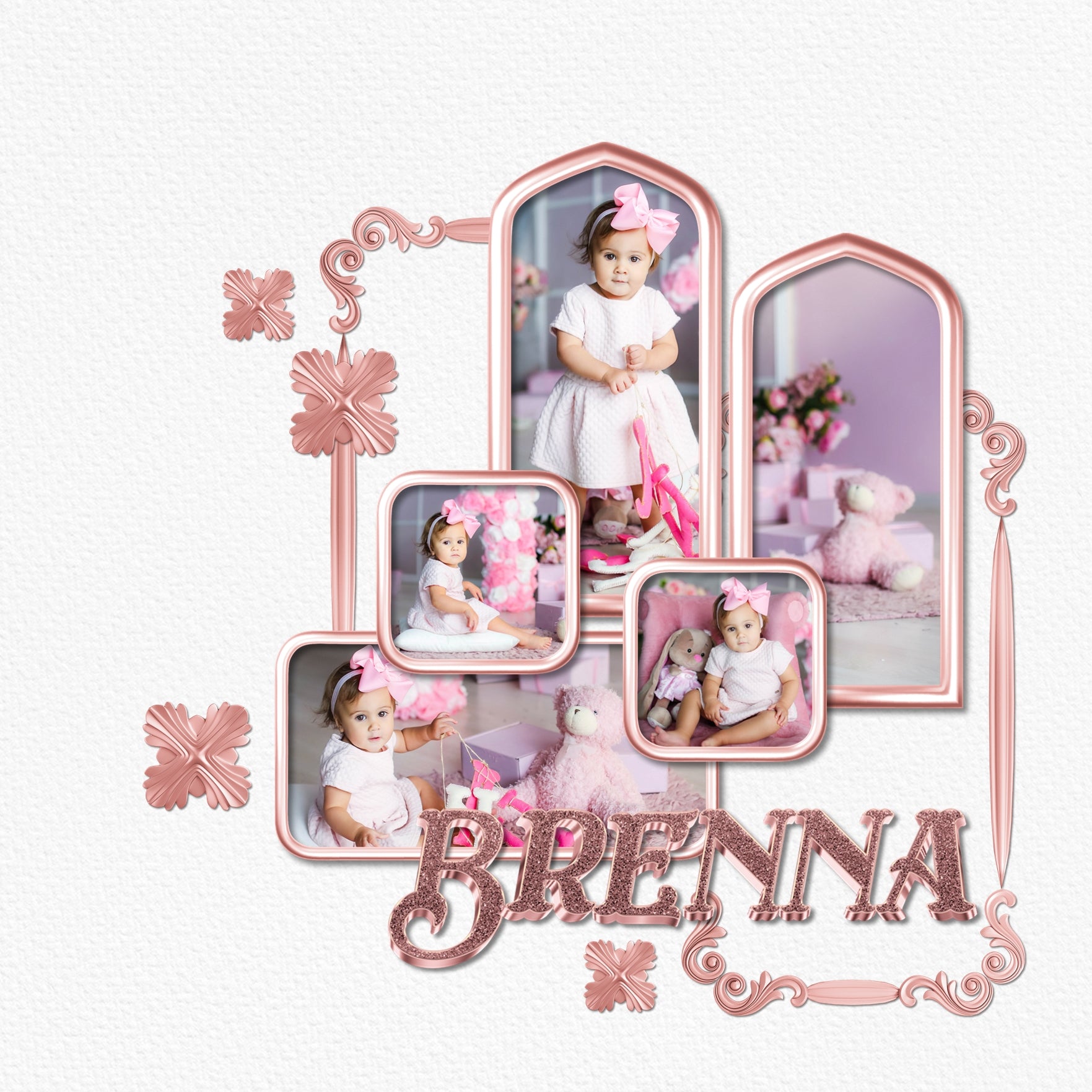 Add these gilded shiny rose gold pink ornate embellishments by Lucky Girl Creative digital art to all your digital scrapbooking pages for that extra touch of richness. Elements include fancy decorations, flourishes, frames, medallions, laurel wreath, borders, and more. Great for family history, genealogy, trips to the museum, and vacations to Europe. This kit is included in the Gilded Ornaments Bundle.