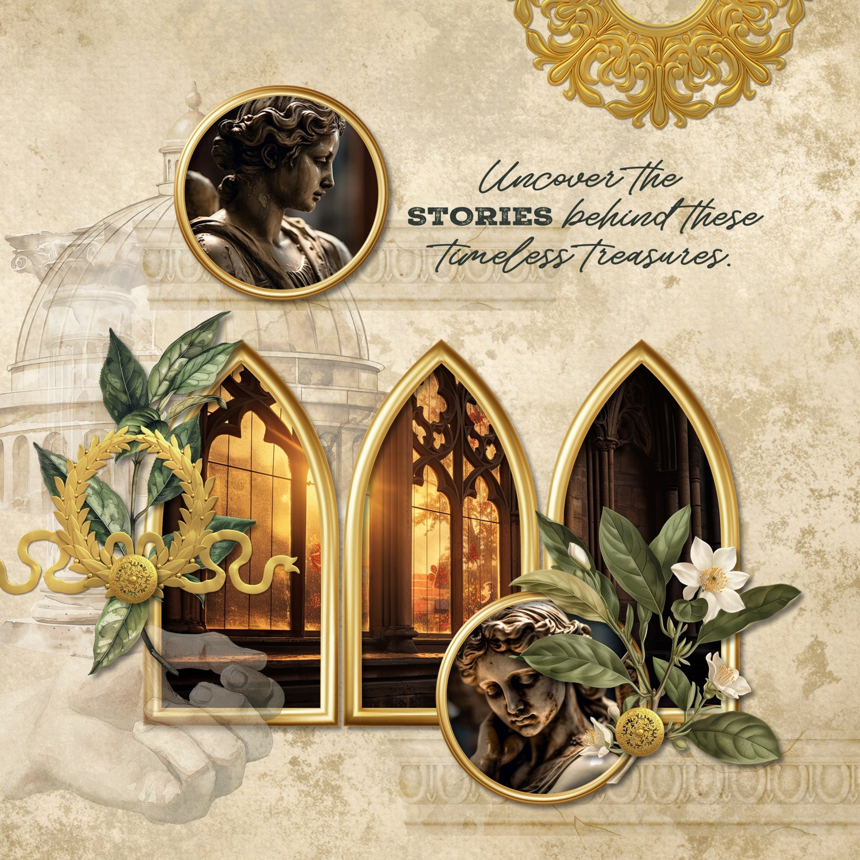 Add these gilded shiny gold ornate embellishments by Lucky Girl Creative digital art to all your digital scrapbooking pages for that extra touch of richness. Elements include fancy decorations, flourishes, frames, medallions, laurel wreath, borders, and more. Great for family history, genealogy, trips to the museum, and vacations to Europe. This kit is included in the Gilded Ornaments Bundle.