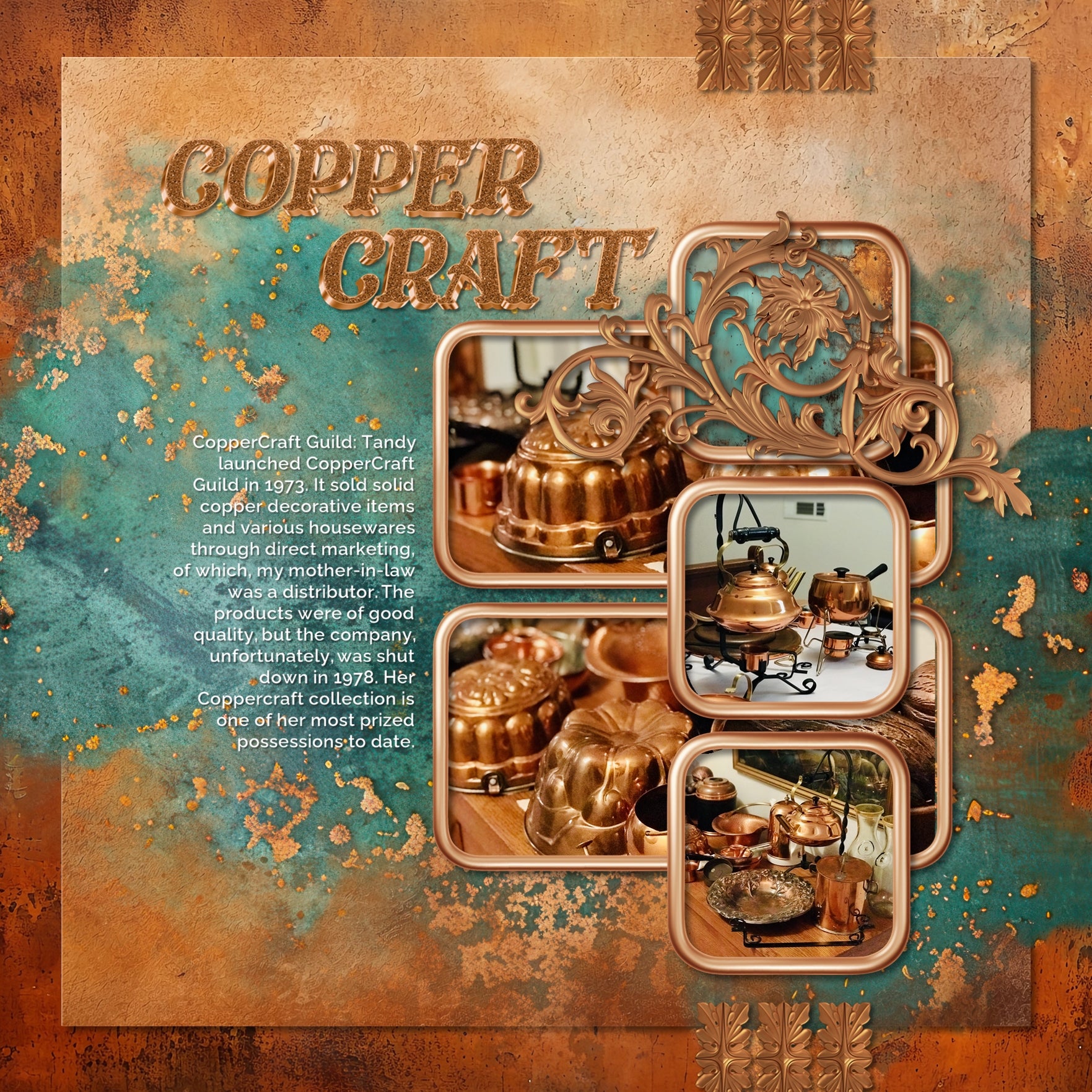 Add these gilded shiny copper ornate embellishments by Lucky Girl Creative digital art to all your digital scrapbooking pages for that extra touch of richness. Elements include fancy decorations, flourishes, frames, medallions, laurel wreath, borders, and more. Great for family history, genealogy, trips to the museum, and vacations to Europe. This kit is included in the Gilded Ornaments Bundle.
