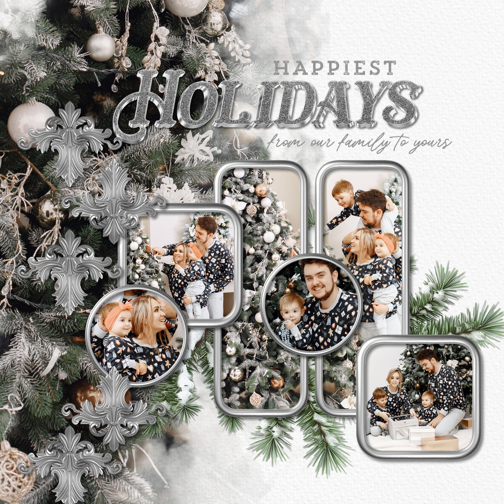 Add these gilded shiny silver ornate embellishments by Lucky Girl Creative digital art to all your digital scrapbooking pages for that extra touch of richness. Elements include fancy decorations, flourishes, frames, medallions, laurel wreath, borders, and more. Great for family history, genealogy, trips to the museum, and vacations to Europe. This kit is included in the Gilded Ornaments Bundle.