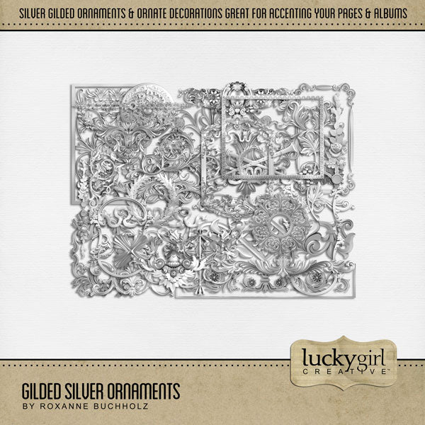 Add these gilded shiny silver ornate embellishments by Lucky Girl Creative digital art to all your digital scrapbooking pages for that extra touch of richness. Elements include fancy decorations, flourishes, frames, medallions, laurel wreath, borders, and more. Great for family history, genealogy, trips to the museum, and vacations to Europe. This kit is included in the Gilded Ornaments Bundle.