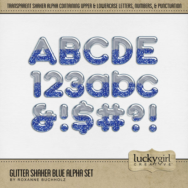 Design the cutest digital scrapbooking page titles with this transparent glitter-filled glass ornament alpha set by Lucky Girl Creative digital art. Perfect for Hanukkah, Chanukah, birthday parties, celebrations, and fun holiday pages! Remember: the glitter is easily colorized by adjusting the hue. This alpha set consists of a full set of uppercase letters A-Z, lowercase letters a-z, numbers 0-9, and most punctuation marks. This digital scrapbooking alpha set is available as individual embellishments only.