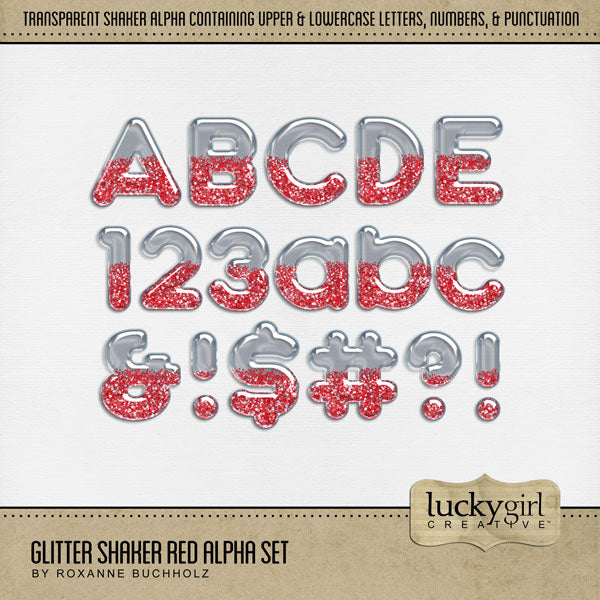 Design the cutest digital scrapbooking page titles with this transparent glitter-filled glass ornament alpha set by Lucky Girl Creative digital art. Perfect for Christmas, birthday parties, celebrations, and fun holiday pages! Remember: the glitter is easily colorized by adjusting the hue. This alpha set consists of a full set of uppercase letters A-Z, lowercase letters a-z, numbers 0-9, and most punctuation marks. This digital scrapbooking alpha set is available as individual embellishments only. 