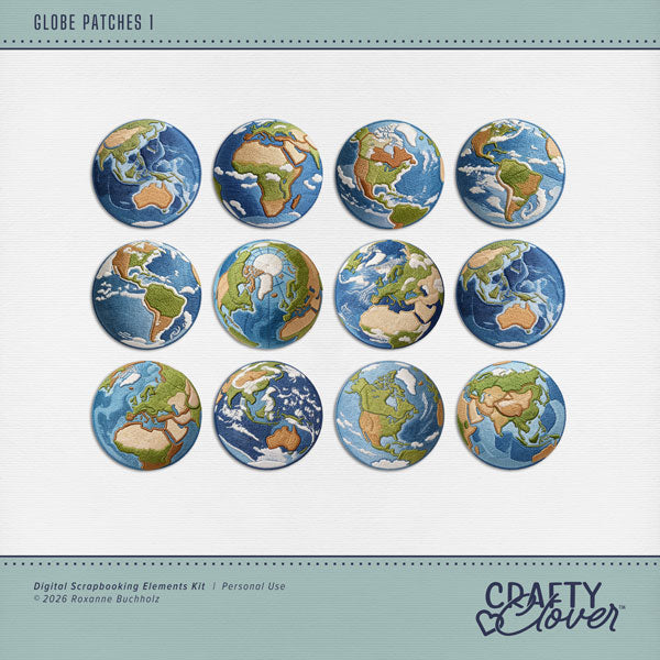 Add a cool embroidery patch by Crafty Clover digital art to all your travel digital scrapbooking pages! Globe embellishments include Africa, Americas, Antarctica, Arctic, Asia, Atlantic Ocean, Oceania, Middle East, North America, South America, Canada, Europe, Australia, New Zealand, Southeast Asia, and the Pacific Ocean. This kit is NOT included in any bundle.