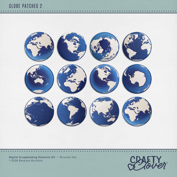 Add a cool embroidery patch by Crafty Clover digital art to all your travel digital scrapbooking pages! Globe embellishments include Africa, Americas, Antarctica, Arctic, Asia, Atlantic Ocean, Oceania, Middle East, North America, South America, Canada, Australia, New Zealand, and the Pacific Ocean. This kit is NOT included in any bundle.