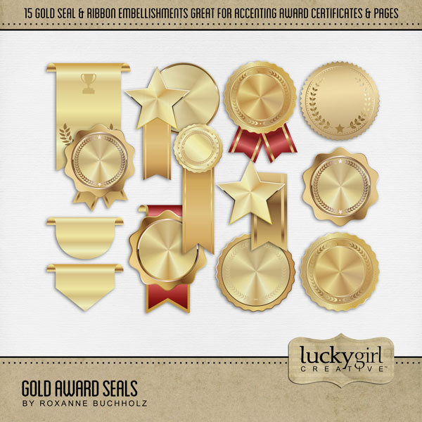 Perfect for accenting special awards, recognition certificates, and memorable occasions, these gold seals by Lucky Girl Creative digital art are a great addition to your digital scrapbooking pages. This kit is included in the Gold Guilloche Award Bundle.