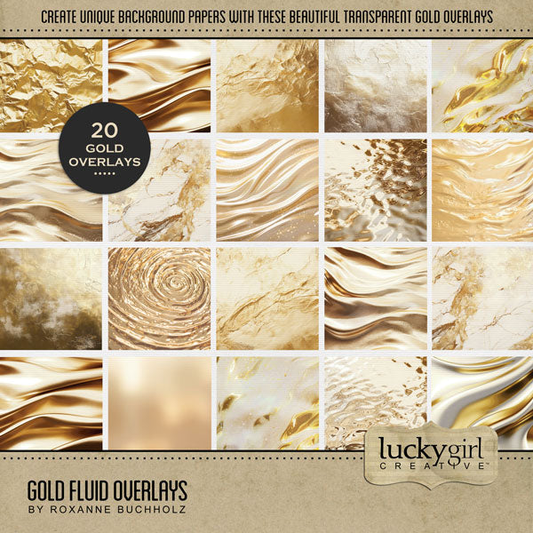 Add gold fluid transparent overlays by Lucky Girl Creative digital art to all your digital scrapbooking pages! In hues of gold, the fluid and liquid digital scrapbooking overlays add so much warmth and depth to all your memory keeping projects. Great for celebrations including wedding, anniversary, birthday, graduation, New Year, and more! This kit is included in the Gold Fluid Papers & Overlays Kit.
