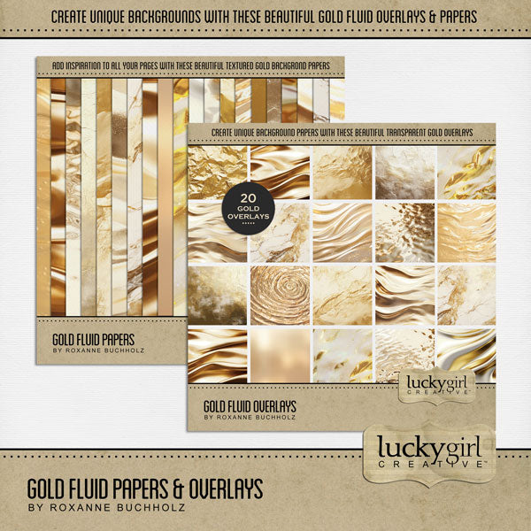 Add gold fluid transparent overlays and textured papers to all your digital scrapbooking pages! In hues of gold, the fluid and liquid digital scrapbooking overlays and textured papers add so much warmth and depth to all your memory keeping projects. Great for celebrations including wedding, anniversary, birthday, graduation, New Year, and more!