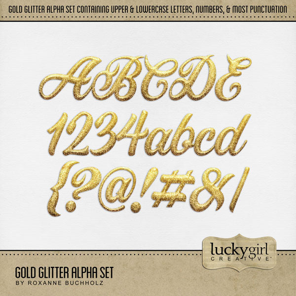 These gold script glitter alphabet and number digital scrapbooking embellishments by Lucky Girl Creative digital art are easy to use for everyday digital scrapbook page titles and special occasions such as Christmas, wedding, anniversary, birthday, graduation, New Year, and more. The Gold Glitter Alpha Set consists of a full set of digital art uppercase alphabet letters A-Z, lowercase alphabet letters a-z, numbers 0-9, and most punctuation marks.