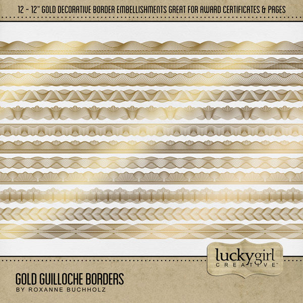 Perfect for accenting special awards, recognition certificates, and memorable occasions, these gold ornate borders by Lucky Girl Creative digital art are a great addition to your digital scrapbooking pages. Guilloche is a decorative engraving technique using specialized mechanical lathes to cut precise, intricate, and repetitive geometric patterns into metal surfaces. This kit is included in the Gold Guilloche Award Bundle.