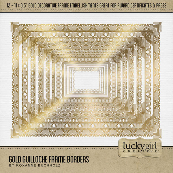 Perfect for accenting special awards, recognition certificates, and memorable occasions, these gold ornate frames by Lucky Girl Creative digital art are a great addition to your digital scrapbooking pages. Guilloche is a decorative engraving technique using specialized mechanical lathes to cut precise, intricate, and repetitive geometric patterns into metal surfaces. This kit is included in the Gold Guilloche Award Bundle.