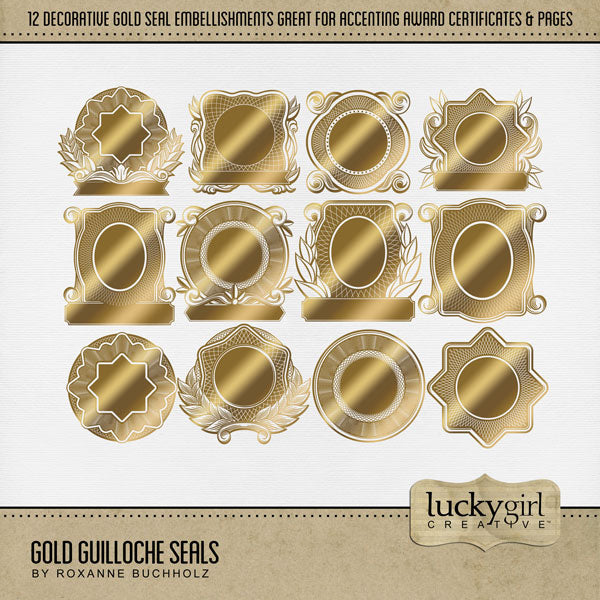 Perfect for accenting special awards, recognition certificates, and memorable occasions, these gold ornate seals by Lucky Girl Creative digital art are a great addition to your digital scrapbooking pages. Guilloche is a decorative engraving technique using specialized mechanical lathes to cut precise, intricate, and repetitive geometric patterns into metal surfaces. This kit is included in the Gold Guilloche Award Bundle.