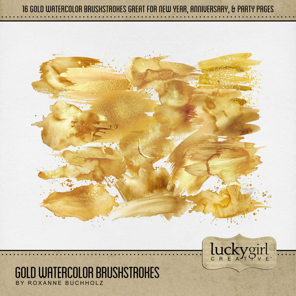 Add festive and modern digital scrapbooking watercolor paint brushstrokes by Lucky Girl Creative digital art to all your New Year, anniversary, wedding, and party pages! These sophisticated transparent gold paint splashes are great for layering in front of or behind your favorite photos and digital embellishments. This kit is included in the New Year Watercolor Mega Bundle.