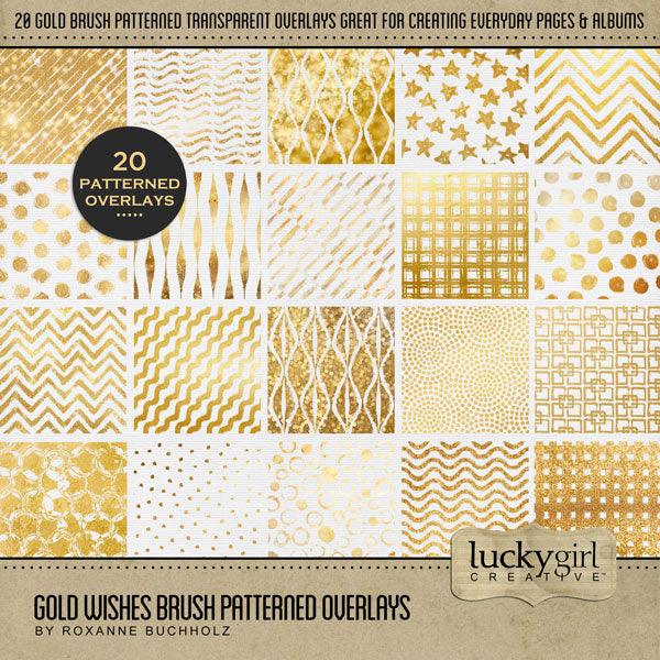 Add a touch of gold to all your digital scrapbooking page backgrounds! Great for adding sparkle and shine to any occasion including birthday, anniversary, celebration, the holidays, Christmas, and more! These gold brushstrokes have a transparent background perfect for layering on top of other digital papers. Digital scrapbooking kit by Lucky Girl Creative digital art. This kit is included in the Gold Wishes Bundle.