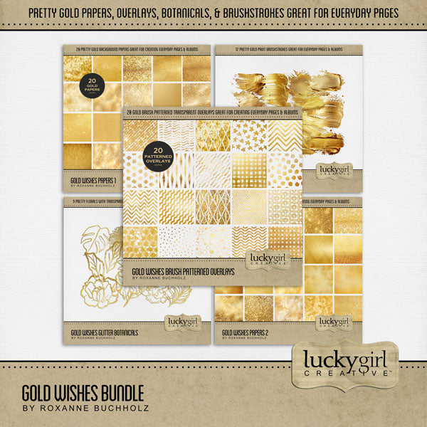 Add a touch of gold to all your digital scrapbooking pages! Great for adding sparkle and shine to any occasion including birthday, anniversary, celebration, wedding, the holidays, Christmas, and more! This gold bundle includes hand drawn botanical embellishments, paint brushstrokes, overlays, and pretty papers. Digital scrapbooking kit by Lucky Girl Creative digital art.