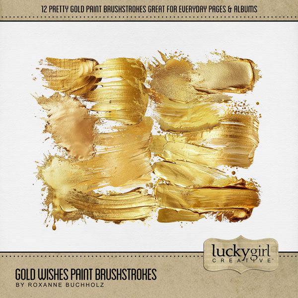 Add a touch of gold to all your digital scrapbooking pages! Great for adding sparkle and shine to any occasion including birthday, anniversary, celebration, the holidays, Christmas, and more! Layer the realistic gold paint brushstrokes by Lucky Girl Creative digital art to add depth and warmth to your digital scrapbooking projects! This kit is included in the Gold Wishes Bundle.