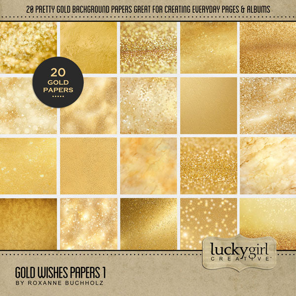 Add a touch of gold to all your digital scrapbooking page backgrounds! Great for adding sparkle and shine to any occasion including birthday, anniversary, celebration, the holidays, Christmas, and more! Digital scrapbooking kit by Lucky Girl Creative digital art. This kit is included in the Gold Wishes Bundle.