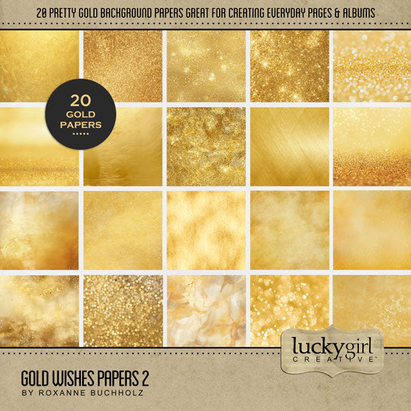 Add a touch of gold to all your digital scrapbooking page backgrounds! Great for adding sparkle and shine to any occasion including birthday, anniversary, celebration, the holidays, Christmas, and more! Digital scrapbooking kit by Lucky Girl Creative digital art. This kit is included in the Gold Wishes Bundle.