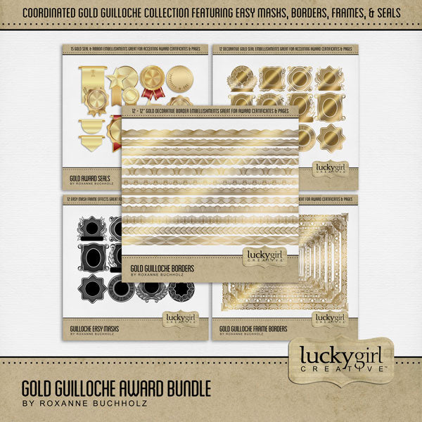 Perfect for accenting special awards, recognition certificates, and memorable occasions, these gold ornate frames, seals, borders, and photo masks by Lucky Girl Creative digital art are a great addition to your digital scrapbooking pages. Guilloche is a decorative engraving technique using specialized mechanical lathes to cut precise, intricate, and repetitive geometric patterns into metal surfaces. 