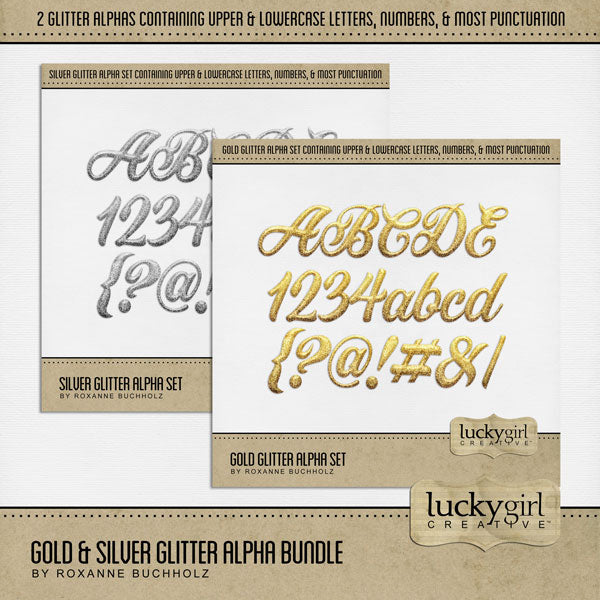 These gold and silver script glitter alphabet and number digital scrapbooking embellishments by Lucky Girl Creative digital art are easy to use for everyday digital scrapbook page titles and special occasions such as Christmas, wedding, anniversary, birthday, graduation, New Year, Hanukkah, and more. The Gold Glitter Alpha Set and the Silver Glitter Alpha Set consist of a full set of digital art uppercase alphabet letters A-Z, lowercase alphabet letters a-z, numbers 0-9, and most punctuation marks.