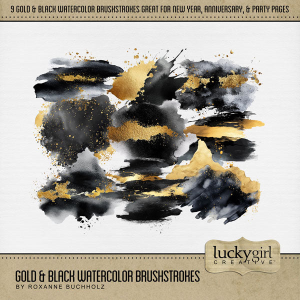 Add festive and modern digital scrapbooking watercolor paint brushstrokes by Lucky Girl Creative digital art to all your New Year, anniversary, wedding, and party pages! These sophisticated transparent paint splashes are great for layering in front of or behind your favorite photos and digital embellishments. This kit is included in the New Year Watercolor Mega Bundle.