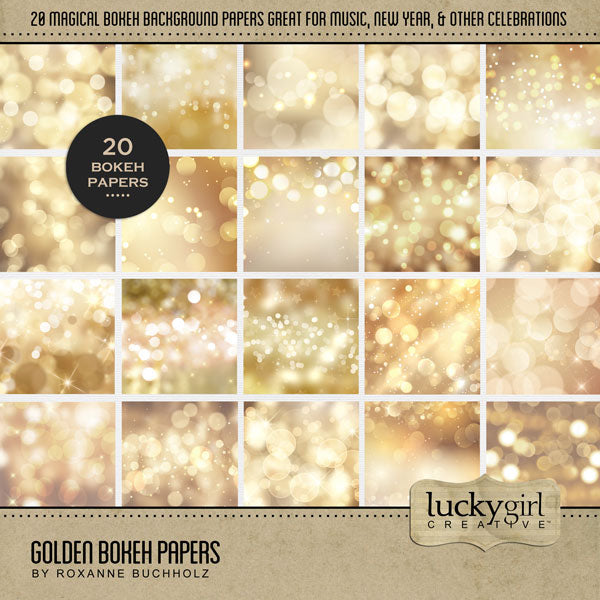 With golden tones, these bokeh papers by Lucky Girl Creative digital art will add a magical look to your digital scrapbooking backgrounds. Use to create one-of-a-kind beautiful backgrounds of music concerts, recitals, and the theater. Great for New Year's, anniversary, and wedding, too! This kit is included in the Paper Duo Music Bokeh Kit.