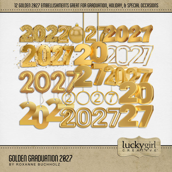 Celebrate your grad with these gold graduation embellishments from 2027 by Lucky Girl Creative digital art for digital scrapbooking. Perfect for graduation announcements, graduation party invitations, and pages that honor their graduate's achievement. Can we used for high school, university, college, or grad school graduation ceremonies plus New Year's, wedding, birthday, anniversary, and other celebrations.