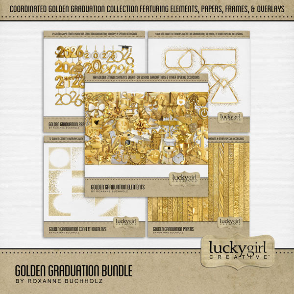 Celebrate your grad with this golden graduation collection featuring embellishments, papers, confetti overlays, and glitter frames by Lucky Girl Creative digital art for digital scrapbooking. Perfect for graduation announcements, graduation party invitations, and pages that honor their graduate's achievement. Can we used for high school, university, college, or grad school graduation ceremonies plus New Year's, wedding, birthday, anniversary, and other celebrations. Embellishments include arrow, medal