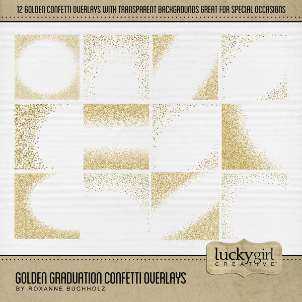 Celebrate your grad with these gold confetti overlays with transparent backgrounds by Lucky Girl Creative digital art for digital scrapbooking. Perfect for graduation announcements, graduation party invitations, and pages that honor their graduate's achievement. Can we used for high school, university, college, or grad school graduation ceremonies plus New Year's, wedding, birthday, anniversary, and other celebrations. This kit is included in the Golden Graduation Bundle.