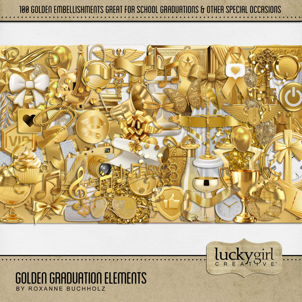 Celebrate your grad with these gold graduation embellishments by Lucky Girl Creative digital art for digital scrapbooking. Perfect for graduation announcements, graduation party invitations, and pages that honor their graduate's achievement. Can we used for high school, university, college, or grad school graduation ceremonies plus New Year's, wedding, birthday, anniversary, and other celebrations. Embellishments include arrow, medal, honors, award, ribbon, star student, balloons, banner, bunting, school