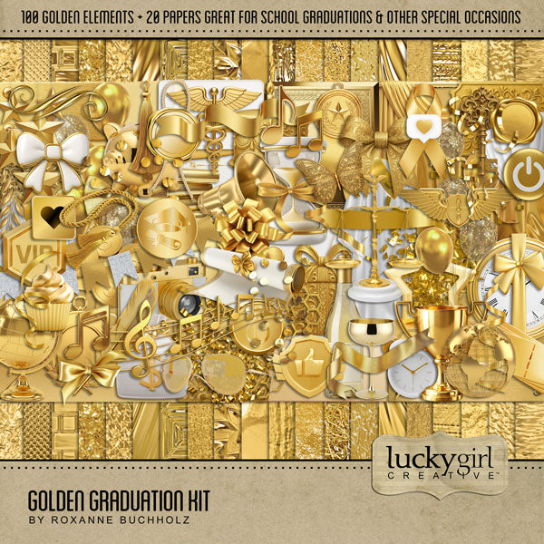 Celebrate your grad with these gold graduation embellishments and golden background papers by Lucky Girl Creative digital art for digital scrapbooking. Perfect for graduation announcements, graduation party invitations, and pages that honor their graduate's achievement. Can we used for high school, university, college, or grad school graduation ceremonies plus New Year's, wedding, birthday, anniversary, and other celebrations. Embellishments include arrow, medal, honors, award, ribbon, star student, balloon