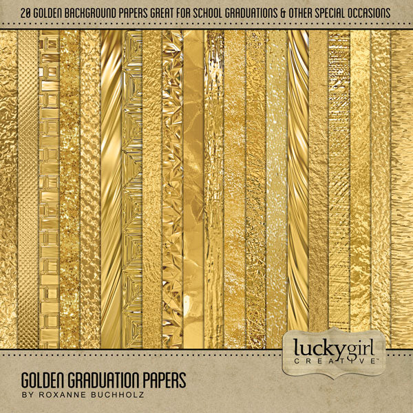 Celebrate your grad with these gold digital scrapbooking background papers by Lucky Girl Creative digital art. Perfect for graduation announcements, graduation party invitations, and pages that honor their graduate's achievement. Can we used for high school, university, college, or grad school graduation ceremonies plus New Year's, wedding, birthday, anniversary, and other celebrations. This kit is included in the Golden Graduation Bundle.