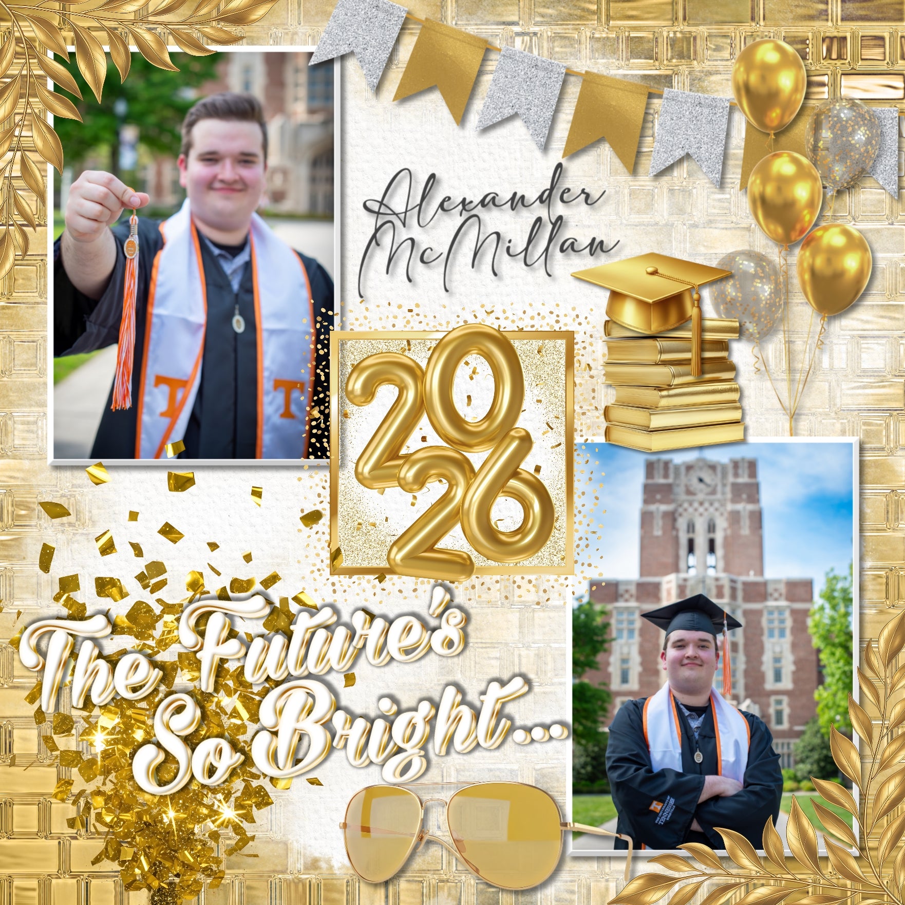 Celebrate your grad with this golden graduation collection featuring embellishments, papers, confetti overlays, and glitter frames by Lucky Girl Creative digital art for digital scrapbooking. Perfect for graduation announcements, graduation party invitations, and pages that honor their graduate's achievement. Can we used for high school, university, college, or grad school graduation ceremonies plus New Year's, wedding, birthday, anniversary, and other celebrations. Embellishments include arrow, medal